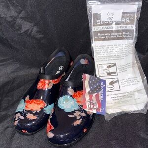 Sloggers Black Floral Clogs with Red and Blue Accents